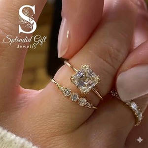 Anillo de compromiso de moissanita con corte Asscher, anillo de oro macizo de 18K con dos alianzas laterales, anillo de boda con corte marquesa, conjuntos nupciales únicos - Product Image 2