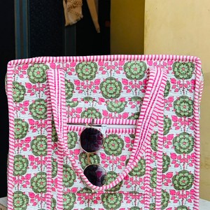Soft Padded Cotton Tote <b>Bag</b> With Vintage Style Floral Hand Block Printing Created For Stylish Practical And Reusable Everyday - Product Image 2