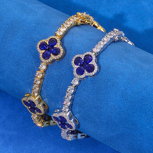 กำไลข้อมือเทนนิสทรงโคลเวอร์ประดับมอสซาไนต์สีน้ำเงินแซฟไฟร์ ชุบทอง ดีไซน์ลายดอกไม้ หรูหรา สง่างาม เหมาะเป็นของขวัญ - Product Image 5