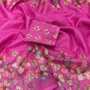 Sari Floral Rosa Oscuro de Diseñador |   Ropa Étnica de Lujo en Organza de Seda con Blusa a Juego |   Sari indio de última moda para fiestas - Product Image 2