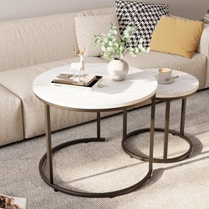 Modern <b>Round</b> Nesting Coffee <b>Tables</b> Set of 2 with White Marble Finish and <b>Black</b> Metal Frame Contemporary Living Room <b>Side</b> <b>Tables</b> - Product Image 4