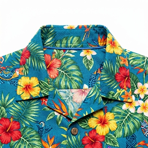 Camisa Hawaiana Azul con Estampado Floral, Tejida en 100% Poliéster Transpirable, con Logotipo Frontal, Manga Corta, Abotonada, Informal, para el Verano, Estilo Isleño - Product Image 2