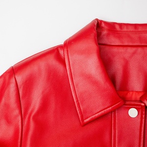 Red PU Leather Safari <b>Jacket</b> Turn-down Collar Full <b>Sleeve</b> Belt Closure Solid Color <b>Short</b> Length Utility Style Autumn Wear - Product Image 2