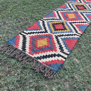 Alfombra de kilim de lana y yute tejida a mano, ecológica, antideslizante, multicolor, con diseño de diamantes, moderna, de tejido plano, para pasillo, para todas las estaciones. - Product Image 3