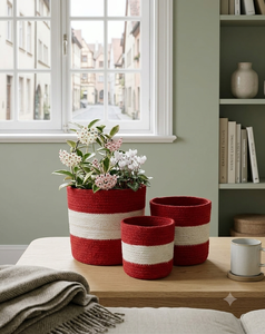 Round Woven Fabric Storage <b>Bins</b> <b>Red</b> White Stripe Bohemian Style Stacking Design for Home Decor - Product Image 1