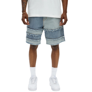 Shorts en jean bleu pour homme, style vintage, délavé, patchwork, bords bruts, décontracté, longueur genou, streetwear, mode, séchage rapide - Product Image 1