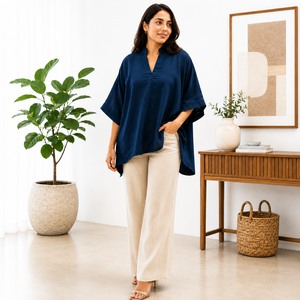 Ocean Blue Woven Solid Dupion Silk Loose V-<b>Neck</b> Top - Product Image 1