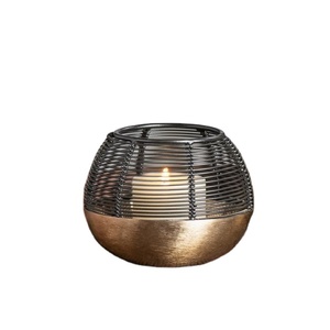 Hurricane <b>Lantern</b> Shape Metal Wicker and Brass Base <b>Tea</b> <b>Light</b> Candle Holder Table Top Hotel Used T-Lite Holder - Product Image 1