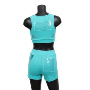 Ensemble short et haut pour femme en polyester et élasthanne de qualité supérieure, bleu aqua, avec empiècements contrastants et logo en relief par transfert thermique, en coton - Product Image 5