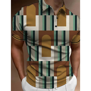 Polo con estampado 3D divertido de geometría para hombre, camiseta con patrón de bloques a rayas, camisa de verano informal con cuello de solapa, de alta calidad premium. - Product Image 4