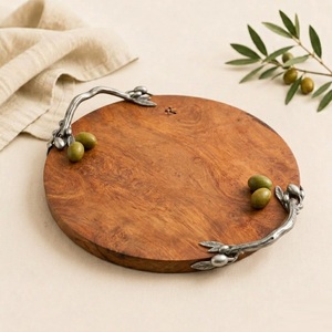 Plateau de service en bois artisanal et écologique avec poignées décoratives en branches d'olivier argentées, planche à fromage en bois d'acacia de qualité supérieure pour mariage - Product Image 4