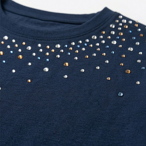 Sparkly Diamonds Embellished Women's Shirts Dark Blue Cropped TShirt Shiny Glitter Stud Detail Cotton Short Sleeve Fashion Tees - Product Image 4