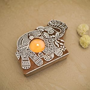 Support de bougie chauffe-plat en bois fait main en forme d'éléphant, support décoratif imprimé au bloc pour la décoration intérieure, Noël, Ramadan et les fêtes - Product Image 6