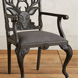 Luxury Handcrafted Solid Wood <b>Dining</b> <b>Armchair</b> Ornate Deer Head Carving Matte Black Upholstered Seat - Product Image 3