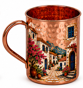 Mug en cuivre martelé fait main avec motif floral émaillé d'art populaire |   Mug décoratif Moscow Mule |   Vaisselle en cuivre vintage Gi - Product Image 3