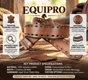 Equipro Genuine Leather <b>Belt</b> Hide Geometric Pattern Pin <b>Buckle</b> Rectangular <b>Silver</b> Vintage Style Breathable Durable 3.5cm Width - Product Image 4