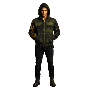 Custom Acid Wash Distressed Denim Hooded <b>Jacket</b> With Leopard Print One Sleeve And Second Sleeve With <b>Rhinestone</b> For Comfort Wear - Product Image 5