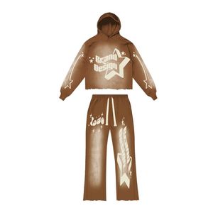 Ensemble sweat-shirt à capuche noir graphique personnalisé effet délavé et pantalon de survêtement large, style streetwear vintage délavé deux pièces - Product Image 2