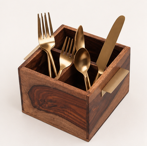 Handcrafted Sheesham Wood Cutlery Holder With Brass Handles 4-Compartment Multi-Purpose <b>Kitchen</b> Organizer Dining Table <b>Caddy</b> - Product Image 2