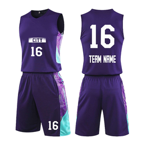 Ensemble de maillots de basket-ball sublimés personnalisés, col en V, sans manches, imprimé géométrique violet, polyester respirant, vêtements d'équipe unisexes - Product Image 1
