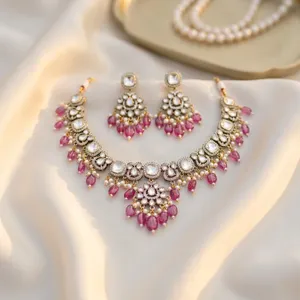 Ensemble de collier et boucles d'oreilles de style Polki en perles de rubis plaquées or de luxe, bijoux de mariage indiens traditionnels pour mariée - Product Image 5