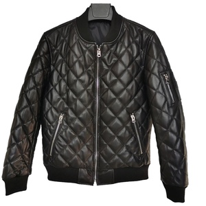 Wholesale High Quality Men Quilted Leather Bomber <b>Jacket</b> Zip Up Regular Fit V-Neck Collar Bomber Genuine Leather <b>Jacket</b> - Product Image 1