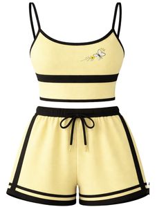 Conjunto de camisola y pantalones cortos para mujer, color amarillo claro y negro, conjunto de dos piezas de verano, Top corto de mezcla de algodón, pantalones cortos con cordón y estampado de mariposas - Product Image 1