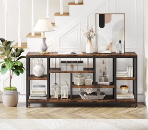 Mesa Consola Moderna de Madera con Estructura Metálica y Estantes de Almacenamiento, Diseño Industrial, Mueble para Sala de Estar, Decoración para Entrada - Product Image 3
