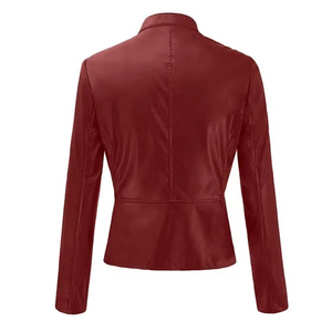 Chaqueta de cuero con cremallera para mujer 2026, estilo motociclista, ajustada, ligera, para motocicleta, tipo bomber, teñida lisa - Product Image 6