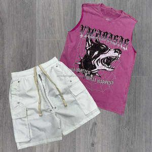 Conjunto personalizado de 100% algodón lavado ácido camiseta sin mangas y pantalones cortos para Hombres estilo callejero Vintage estampado DTG sin mangas para el verano - Product Image 3