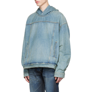 Sweat-shirts à capuche pour hommes en denim de haute qualité, unis, avec poches, pour l'hiver, effet délavé soleil et délavé à l'acide, grammage lourd, vente en gros - Product Image 6