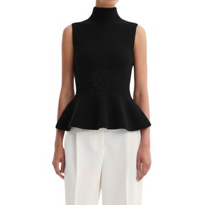 Pull sans manches en maille noire à col montant et taille peplum, élégant pour les soirées, débardeur en maille sans manches - Product Image 1