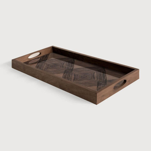 Bandeja de Servir de Madera Hecha a Mano de Primera Calidad con Asas, Diseño Moderno de Cuadrados Lineales, Bandeja Rectangular para Otomana, para Café y Vajilla - Product Image 1