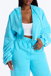 Conjunto de chándal para mujer con top corto con capucha y pantalones de corte holgado, con estampado Aqua Color y lavado ácido, hombros caídos, 100% algodón, forro polar y sudadera con capucha con cremallera - Product Image 5