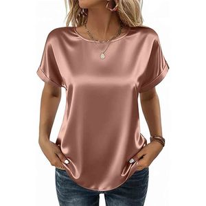 Blusa de Satén para Mujer, Estilo Casual de Negocios, Manga Corta, Cuello Redondo, Camiseta de Seda, Ropa de Verano - Product Image 1