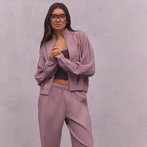 Custom Women <b>Tracksuit</b> Set Zip Up Cropped Hoodie High Waist Pants Dusty <b>Pink</b> Casual Loungewear Athletic Sportswear Wholesale OEM - Product Image 2