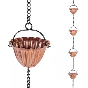 Chaîne de pluie artisanale en cuivre plaqué motif fleur de lotus, 8,5 pieds, réglable, extension de gouttière en métal, remplacement pour jardin - Product Image 1