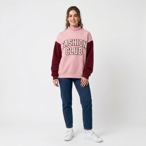 Sudadera de cuello alto a cuadros para mujer, diseño de letras con estampado en relieve, estilo preppy, para otoño, de algodón y fibra de bambú, tejido de punto, manga regular - Product Image 2