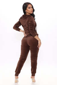 Women Plus Size Velour Tracksuit Set Hooded Cropped Jacket Jogger Pants Solid <b>Brown</b> Casual Autumn Wear Full Sleeve Zipper Front - Product Image 6