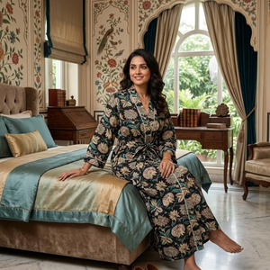 Kimono de Algodón con Estampado Étnico Hecho a Mano |   Bata de dormir de manga larga con cuello en V para mujer |   Bata Larga con Cordón Ajustable y Bolsillo Frontal, Modelo Masterpiece - Product Image 4