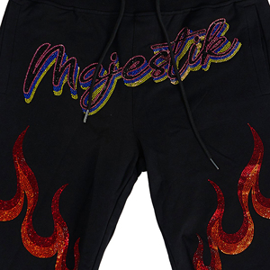 Shorts pour homme noirs à imprimé flamme pailleté, taille élastique, style décontracté, tissu tricoté respirant - Product Image 6