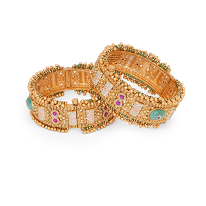 Premium Quality Metal Bangle with Mint Green Centre <b>Ruby</b> Stone Work Meena Metal Flower Pattern Crystal Bead Chains and Ghungroos - Product Image 2