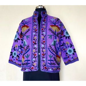 SHYAM EXPORT Abrigo Corto de Mujer con Cuello Mandarín de Terciopelo Floral Morado Bordado a Mano, Manga Larga, 100% Algodón, Ropa de Primavera - Product Image 6