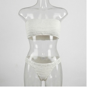 White Crocheted Bandeau Bikini Set Women 2 Piece Solid Stretch Thong Bottom Swimwear - Product Image 1