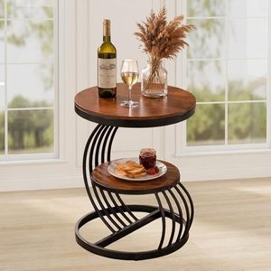 Round 2 Tier Side <b>Table</b> Wood Grain Accent <b>Table</b> Metal Frame <b>Bedside</b> End <b>Table</b> for Living Room - Product Image 1