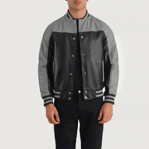 Chaqueta de Cuero Sintético PU para Hombre Rahsal Industries, Negra y Gris, Estilo Universitario, con Capucha, Cierre de Cremallera, Bloques de Color, Transpirable, Estilo Urbano - Product Image 1