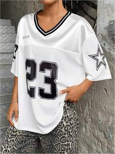 Women's Loose Fit V-Neck Half Sleeve Jersey <b>Top</b> Casual Style Summer Sports Tees Streetwear with Character Pattern in XS Size - Product Image 4