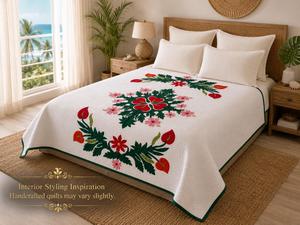 Tropical Anthurium Floral Hawaiian Applique Cotton Quilt Custom Hand-quilted Bedspread For <b>Queen</b> California King Bedroom Decor - Product Image 1