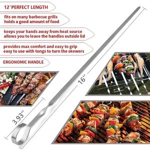 Set di 12 Spiedini per Shish Kebab in Acciaio Inox da 40 cm, Piatti con Ganci Larghi e Affilati, Riutilizzabili, Utensili per Barbecue - Product Image 3