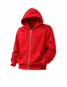 Sweat à capuche unisexe rouge déchiré avec fermeture éclair, effet vintage, en molleton, style streetwear, coupe oversize, poches, impression numérique - Product Image 2